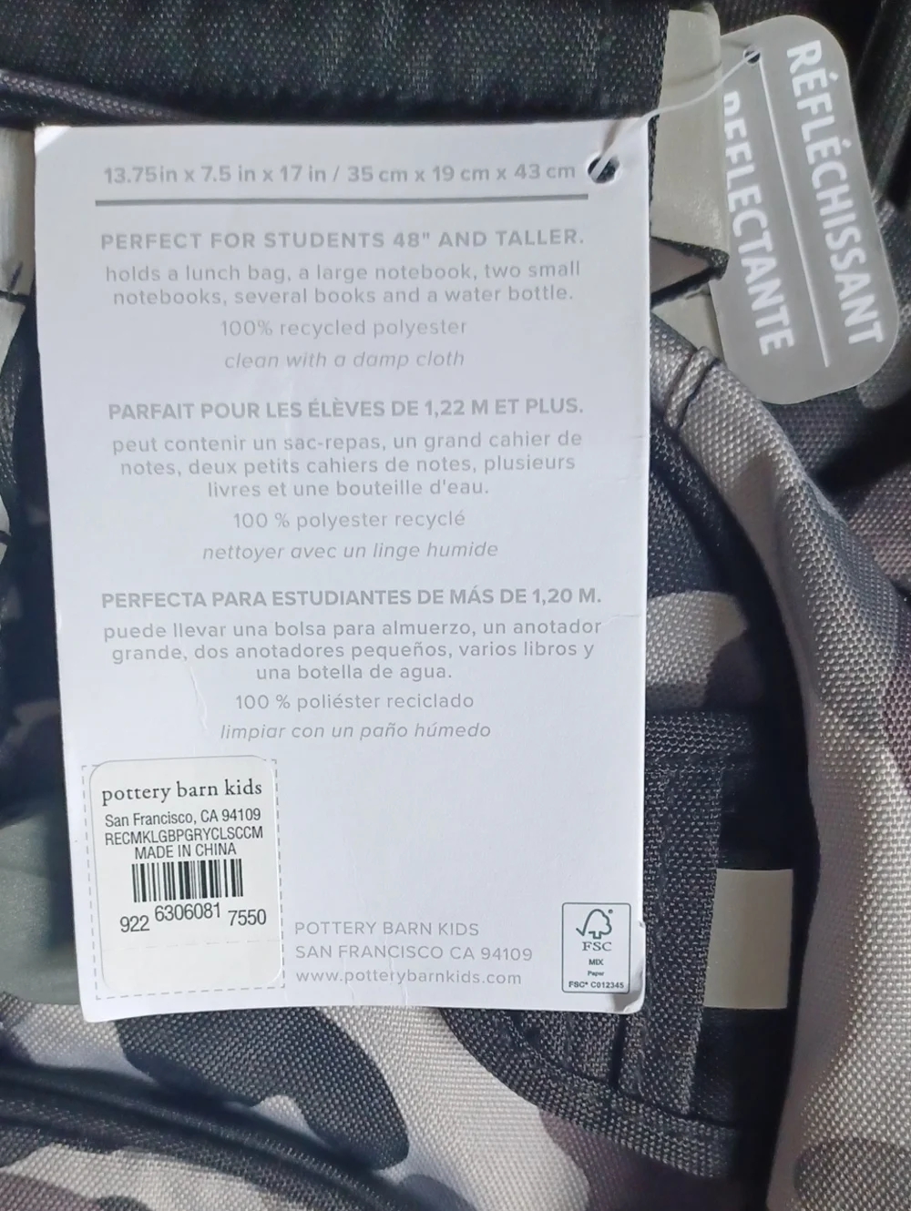 NWT- Gray Camo Pottery Barn Mackenzie Backpack - Large